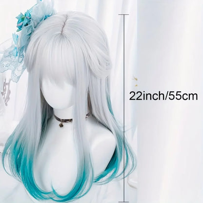 White to teal gradient synthetic wig side profile showing ombre color fade and length