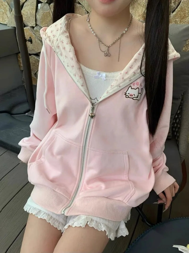 Y2K kawaii cat floral zip-up hoodie in white, front view, women