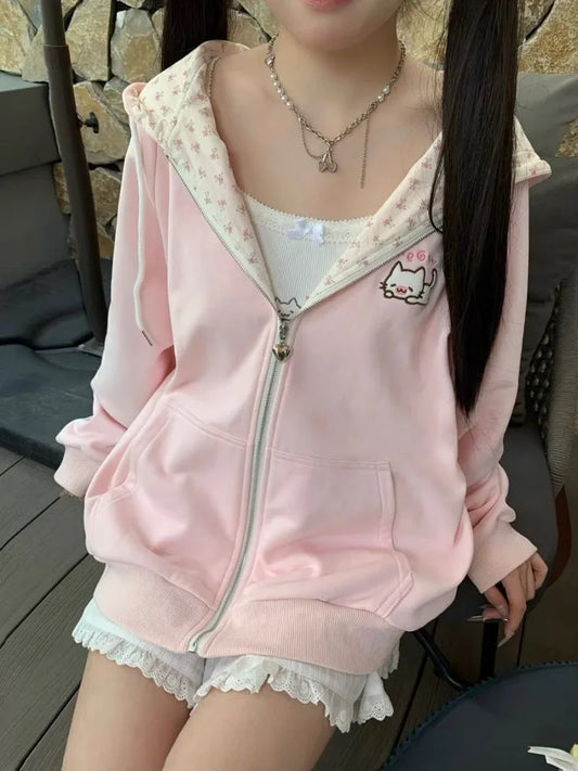Y2K kawaii cat floral zip-up hoodie in white, front view, women