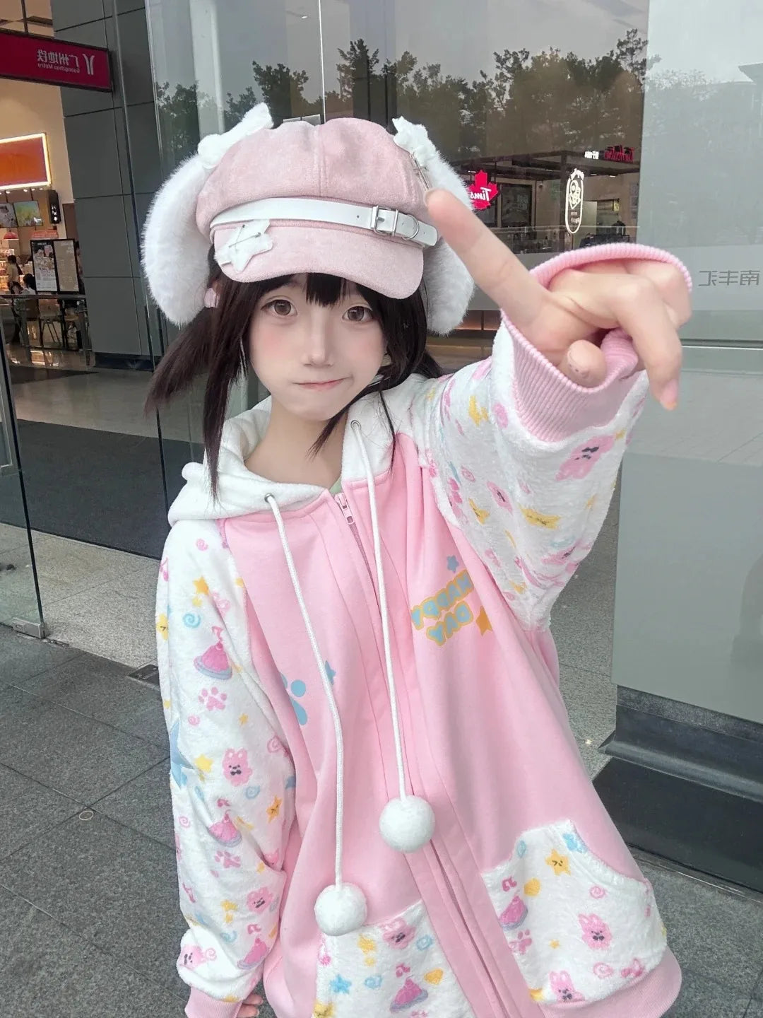 Harajuku cartoon print hoodie women zip open layering sweet Lolita style