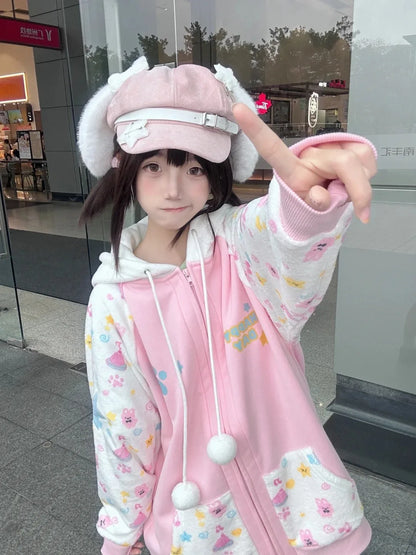 Harajuku cartoon print hoodie women zip open layering sweet Lolita style