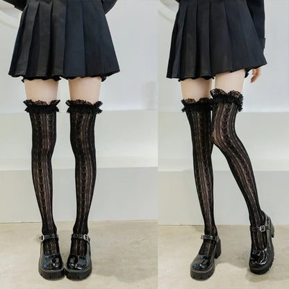 Black flower patterned fishnet thigh high socks Harajuku kawaii coord
