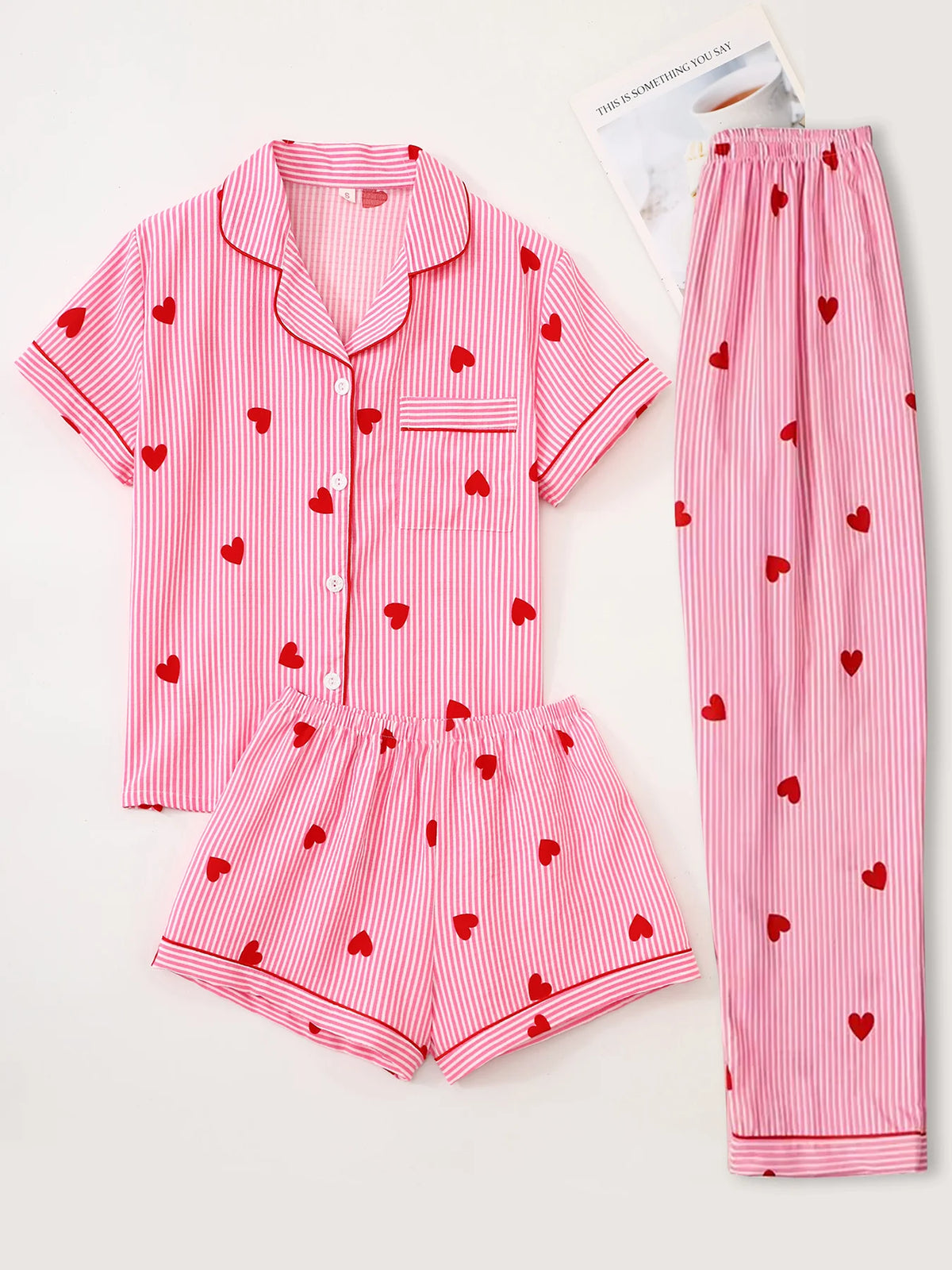 Kawaii 3-piece pajama set with notch lapel top and cute print, front view