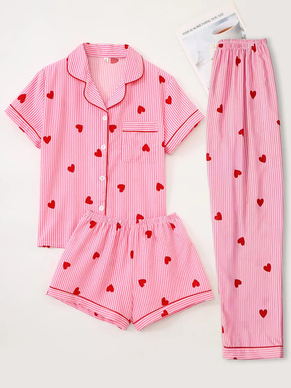 Kawaii 3-piece pajama set with notch lapel top and cute print, front view