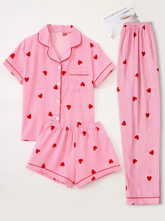Kawaii 3-piece pajama set with notch lapel top and cute print, front view