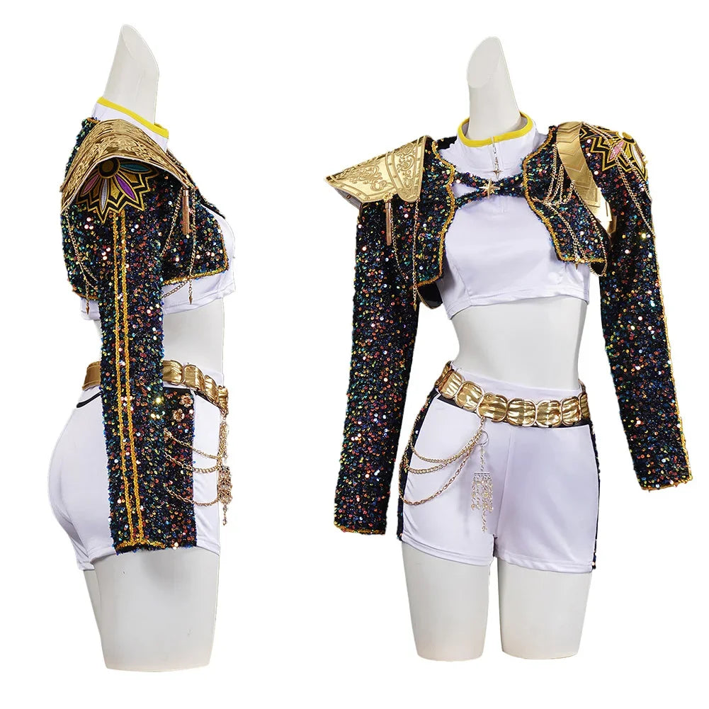 Knit polyester detail close-up on black golden anime queen cosplay costume set