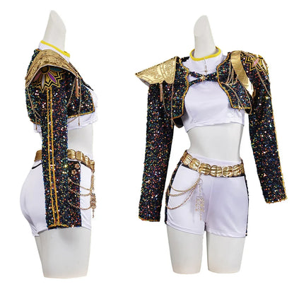 Knit polyester detail close-up on black golden anime queen cosplay costume set