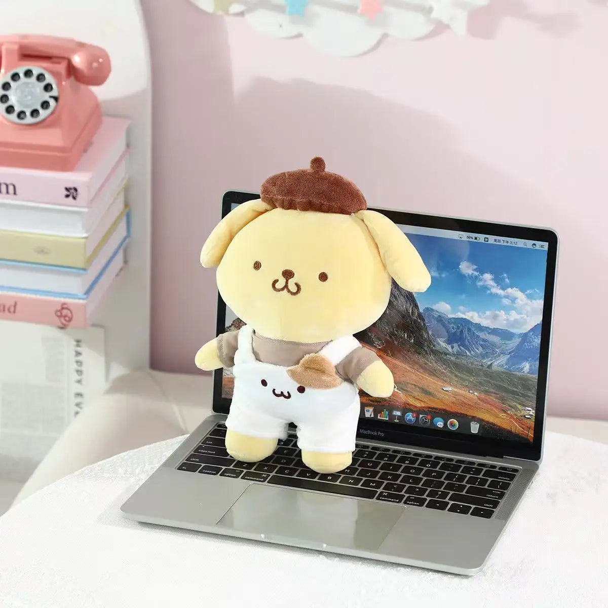 Kawaii pudding dog stuffed animal displayed on a pastel shelf