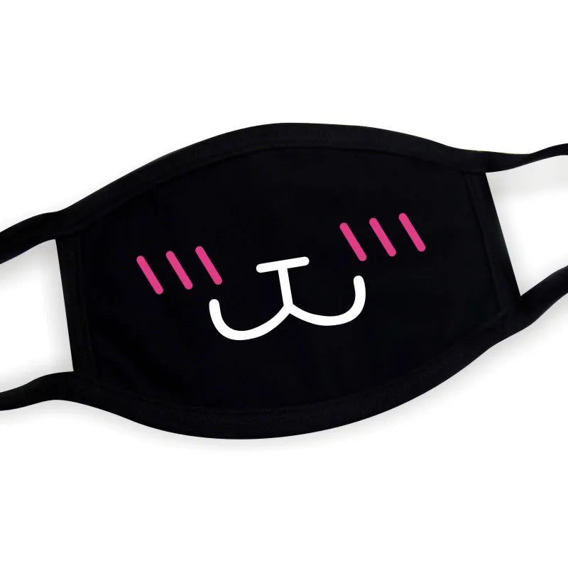 Black kawaii smile face mask with centered curl-mouth expression print, unisex one size poly-spandex