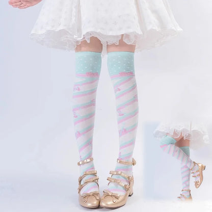 Candy stripe knee high stockings flat lay showing pattern detail and knit texture