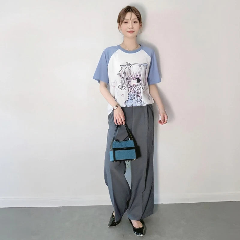 Women's kawaii cartoon print top O-neck detail polyester broadcloth