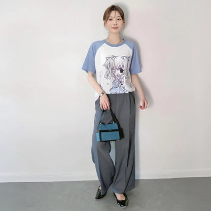 Women's kawaii cartoon print top O-neck detail polyester broadcloth