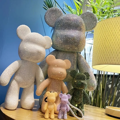 Silver DIY rhinestone bear statue displayed on floating shelf with kawaii room decor