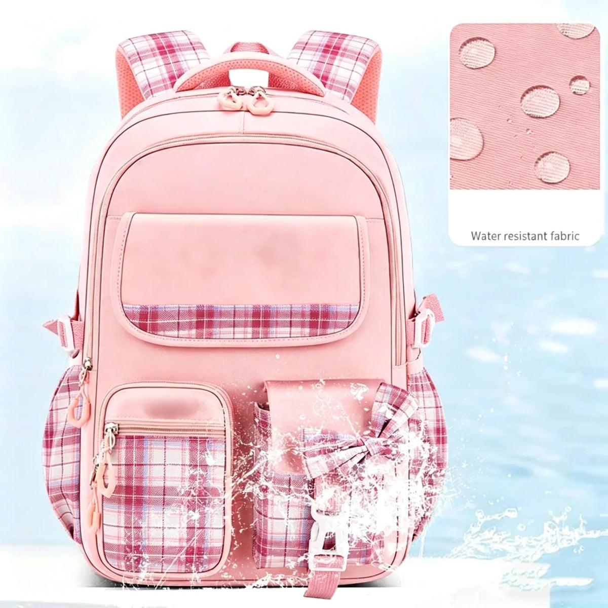 Kawaii plaid girls school backpack showing padded back panel and shoulder straps