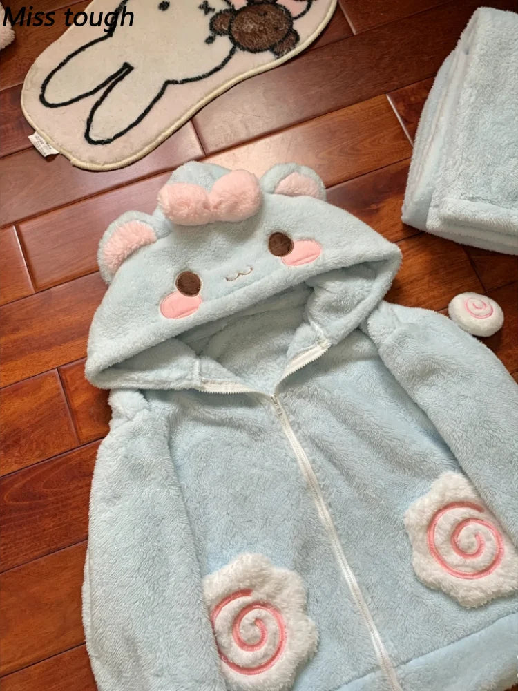 Kawaii Harajuku zip-up coat worn open as a layering piece over casual outfit