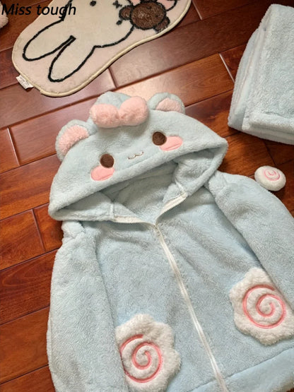 Kawaii Harajuku zip-up coat worn open as a layering piece over casual outfit