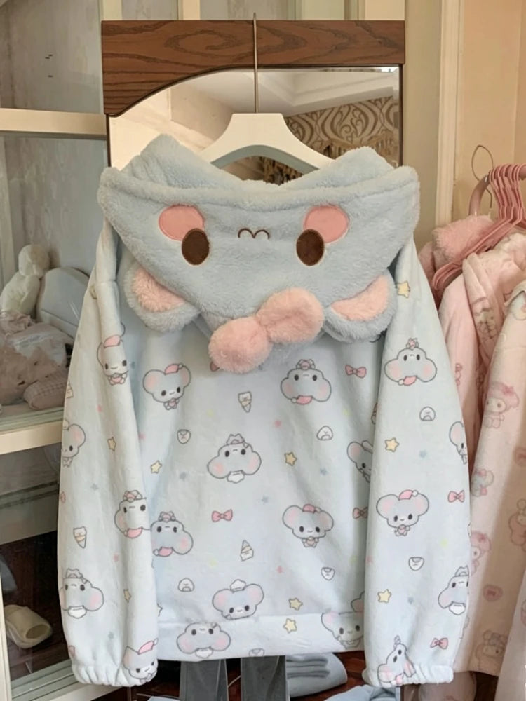 Full-length view of kawaii sweet hoodie coat, size range S to XXL shown on model