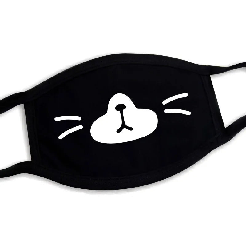 Fluffy bear snout face mask with 3D plush nose and printed expression, black, unisex adult kawaii style
