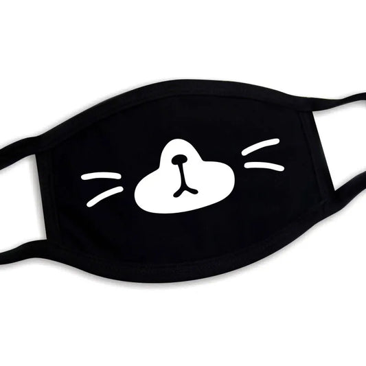 Fluffy bear snout face mask with 3D plush nose and printed expression, black, unisex adult kawaii style