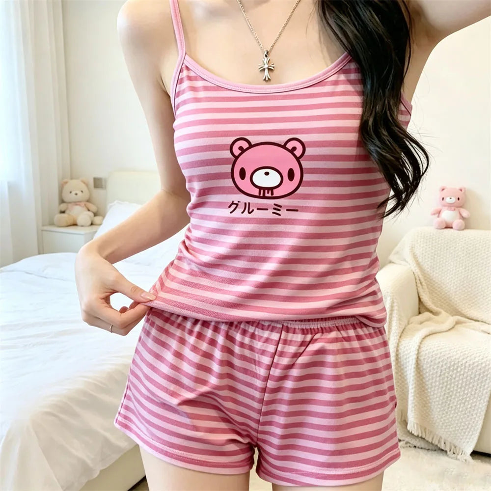 Pink kawaii spaghetti strap cami top close-up stripe print