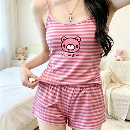 Pink kawaii spaghetti strap cami top close-up stripe print