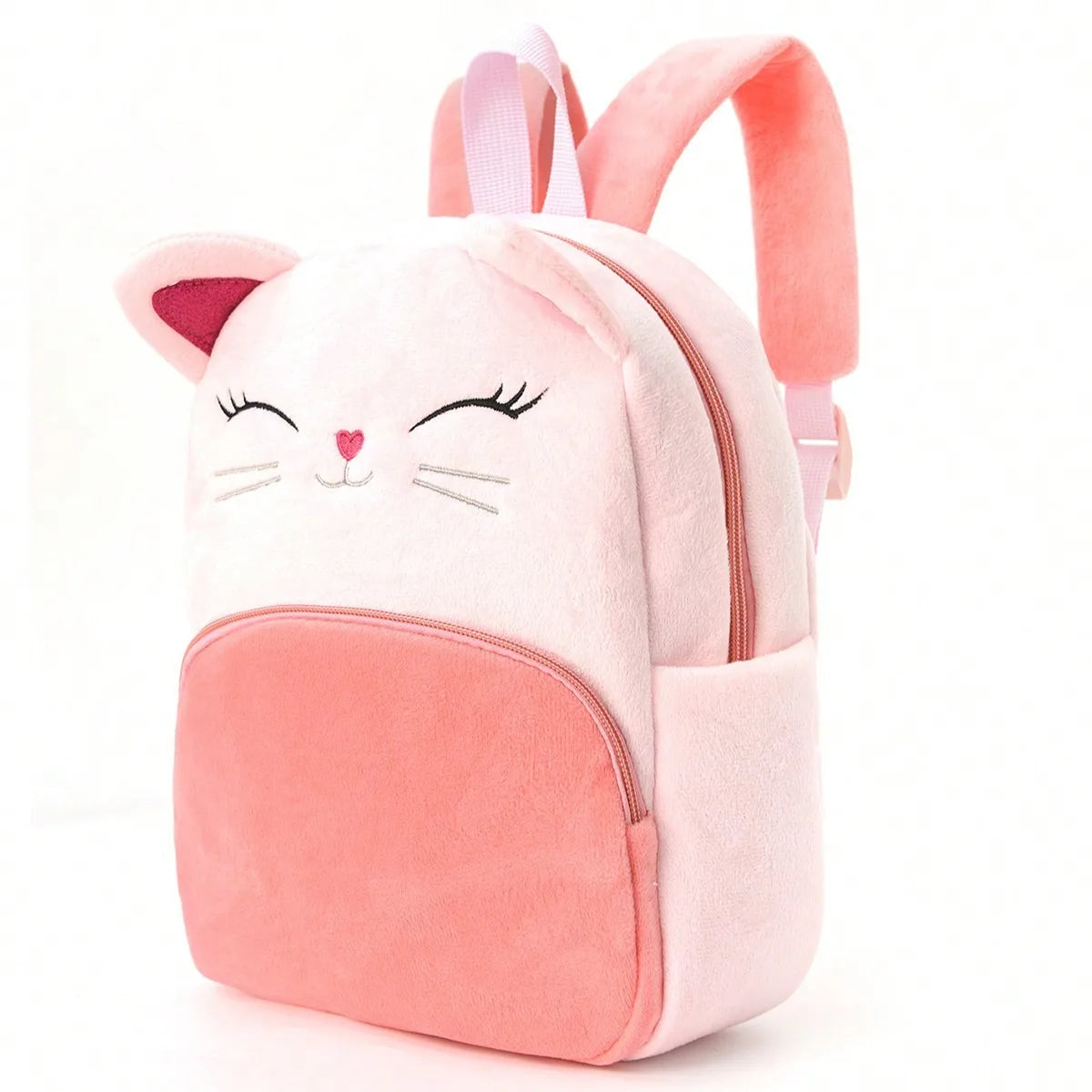 Kawaii animal plush backpack in pink on white background