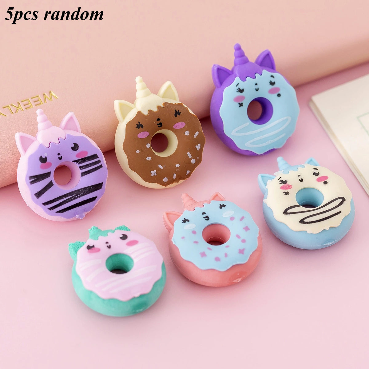 Kawaii unicorn eraser in pink rubber front view on pastel background