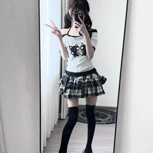 White kawaii off-shoulder polka dot graphic tee front view slim fit