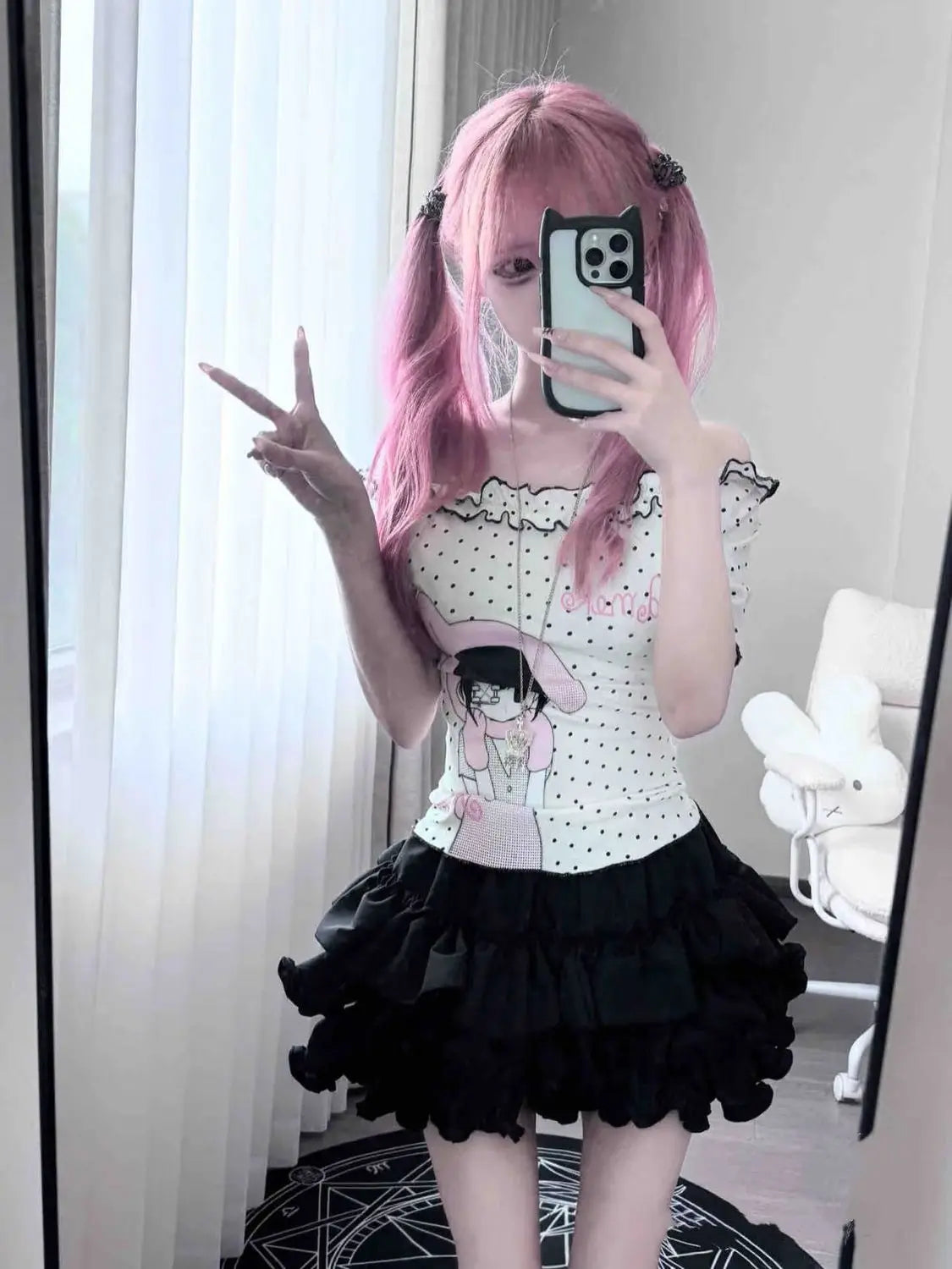 Kawaii polka dot ruffle T-shirt with slash neck, front view, Y2K Harajuku style