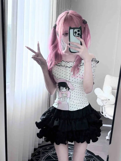 Kawaii polka dot ruffle T-shirt with slash neck, front view, Y2K Harajuku style