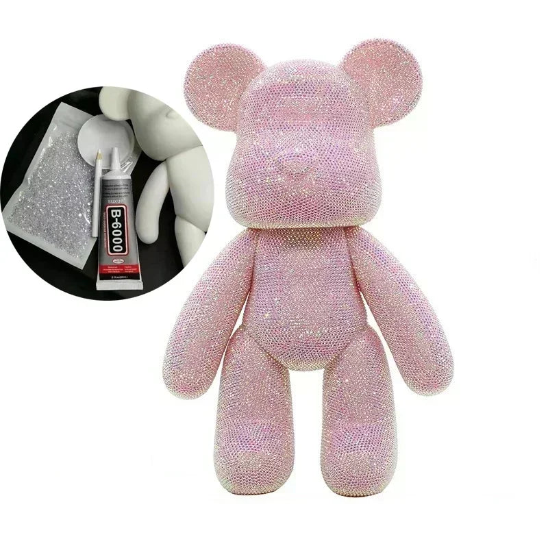 Purple crystal diamond bear figurine finished result next to blank bear form before assembly