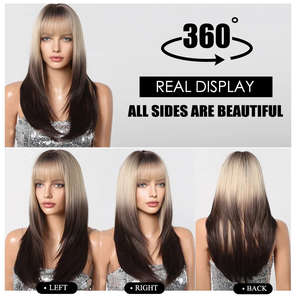 Long straight cosplay wig with blended brown to white ombre gradient, full length view