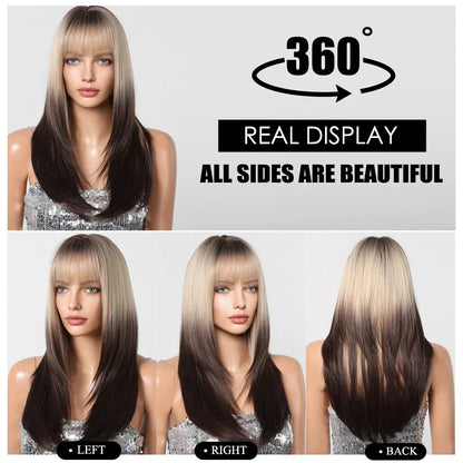 Long straight cosplay wig with blended brown to white ombre gradient, full length view