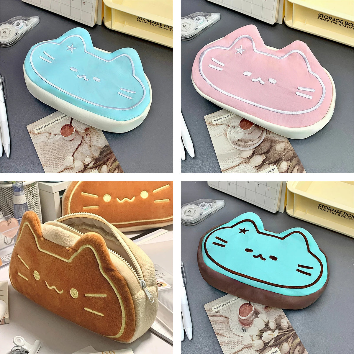 Portable kawaii cat pen case lying flat next to school notebooks and pens
