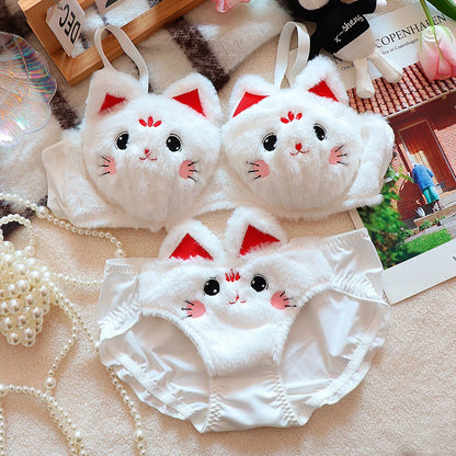 Kawaii cartoon bra and briefs set flat lay showing bunny embroidery detail