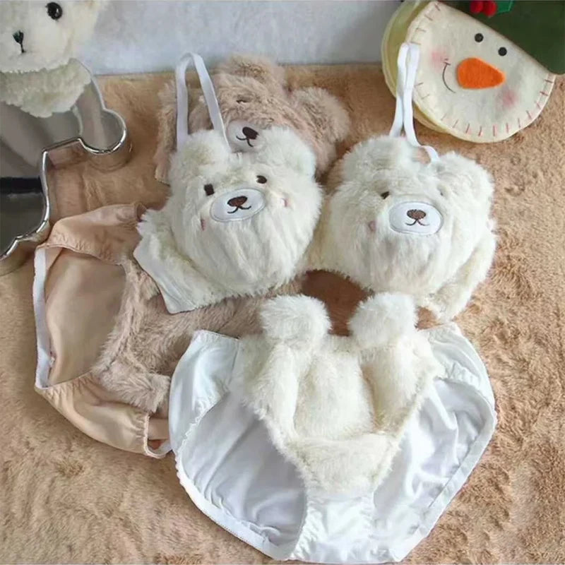 Kawaii bear lingerie set white bra and suspenders front view