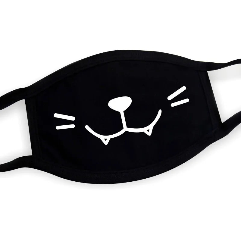 Kawaii kitty face mask with cat nose and whiskers print on black breathable fabric, unisex one size for Harajuku and K-pop coords