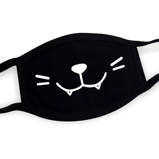 Kawaii kitty face mask with cat nose and whiskers print on black breathable fabric, unisex one size for Harajuku and K-pop coords