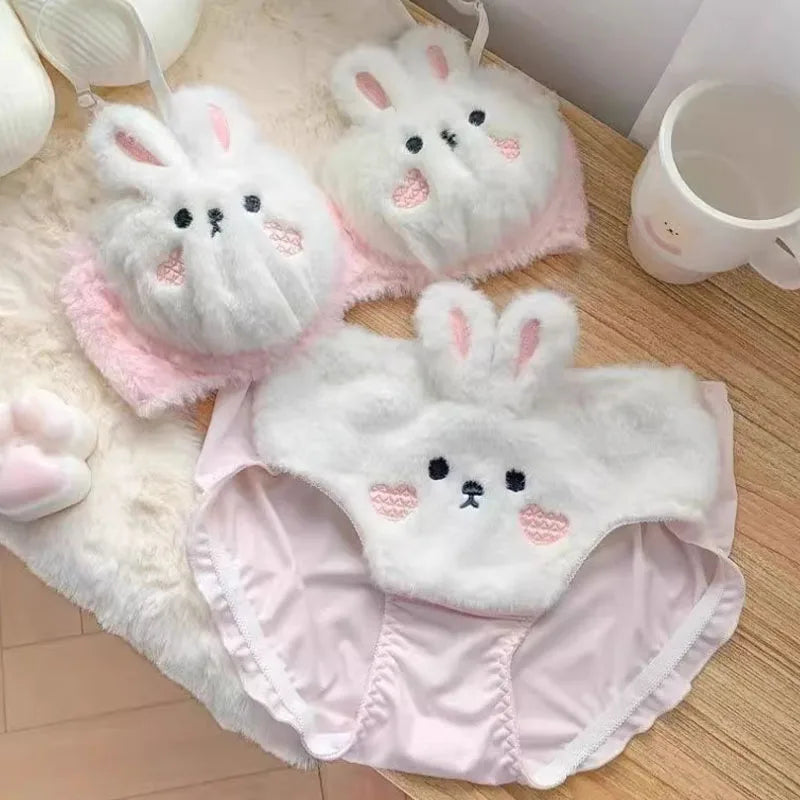 Kawaii Plush Bra Set - Cat & Bunny Cartoon Lingerie