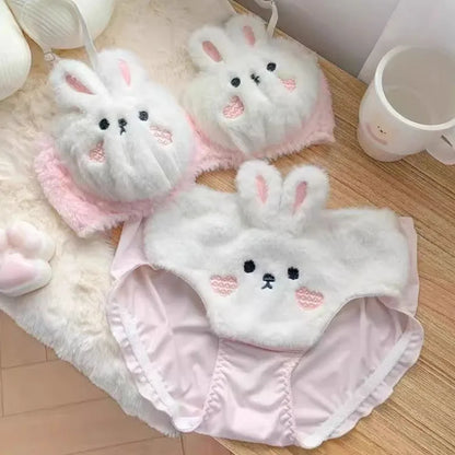 Kawaii Plush Bra Set - Cat & Bunny Cartoon Lingerie