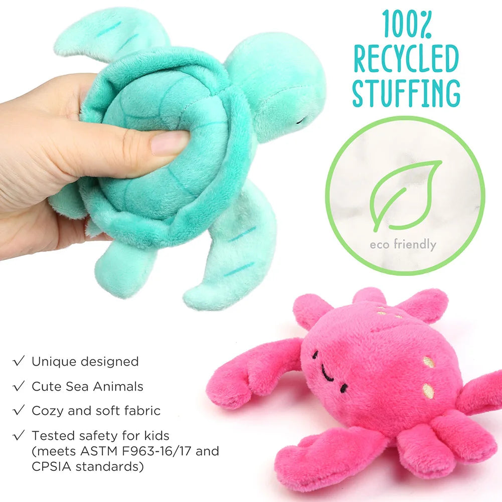Shell-shaped carry bag holding all five kawaii ocean plush figures inside
