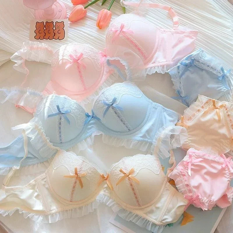 Japanese style pink lace lingerie set bralette and briefs flat lay