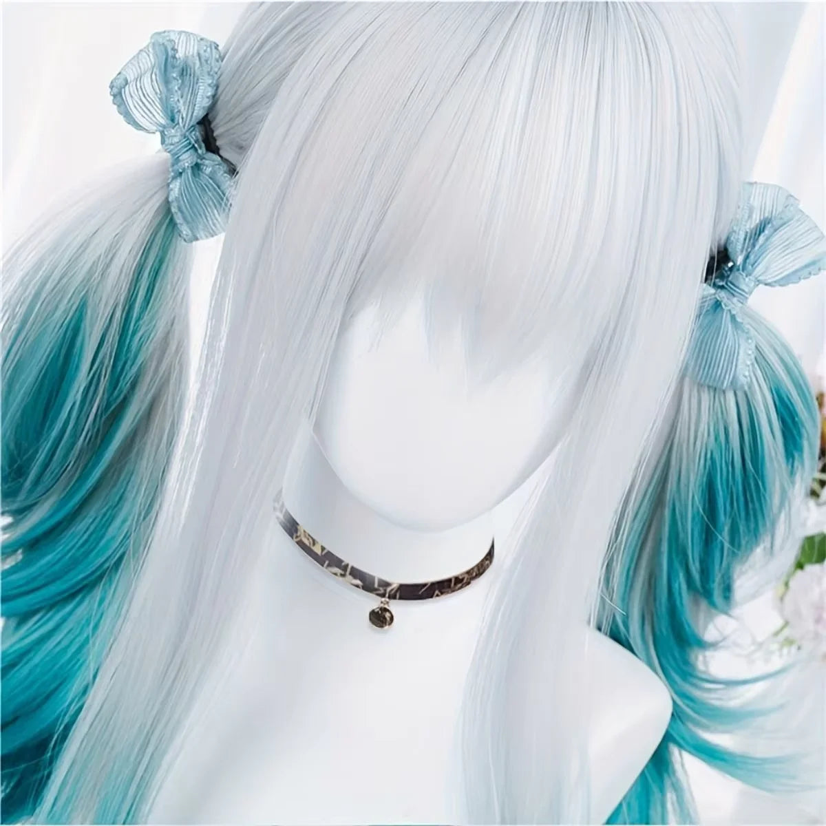 Anime cosplay wig white teal ombre straight bangs cap interior adjustable strap and combs