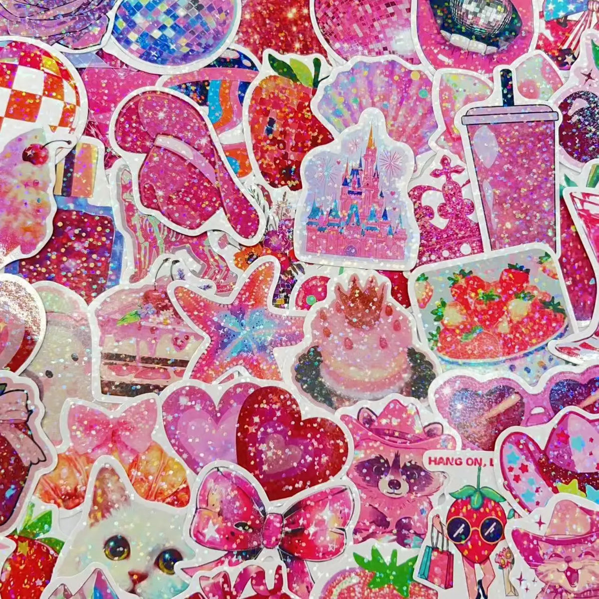 Aesthetic flash film stickers layered across planner spread in rose pink tones