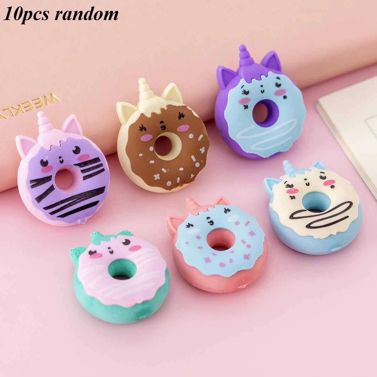 Kawaii stationery gift set with unicorn and doughnut erasers in full pastel mix