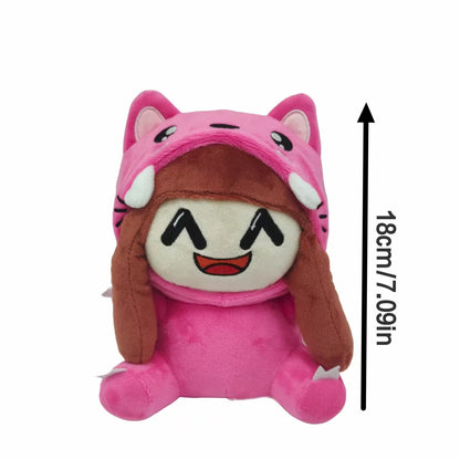 Close-up of kawaii plush doll face and structured hat stitching, polyester plush fabric
