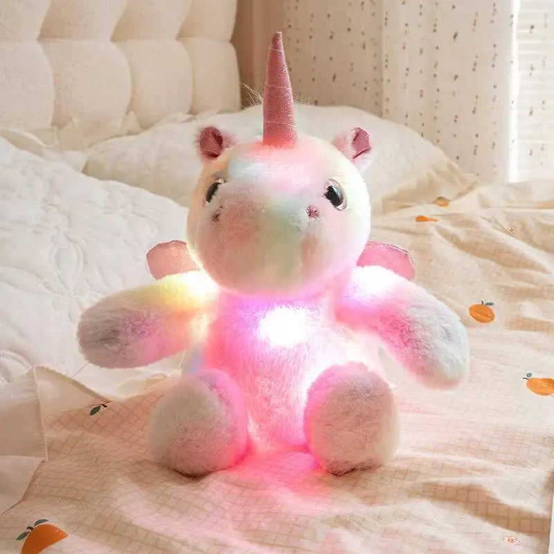 Luminous unicorn plush toy close-up fine pile plush fabric texture detail