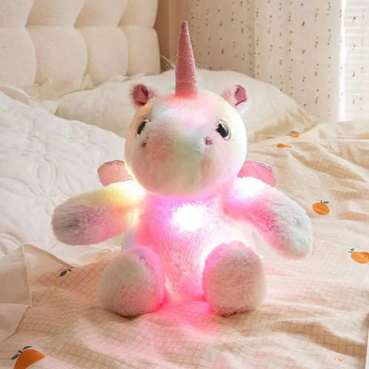 Luminous unicorn plush toy close-up fine pile plush fabric texture detail