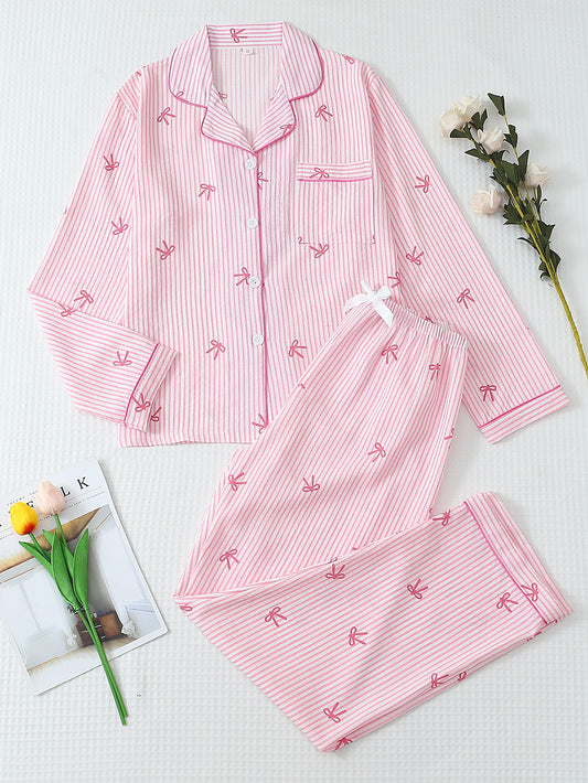 Pink and white striped bow print pajama set full front view long sleeve