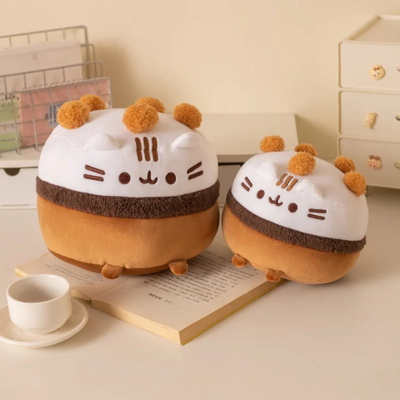 Kawaii ice cream fat cat plush toy in chocolate colorway A, front view